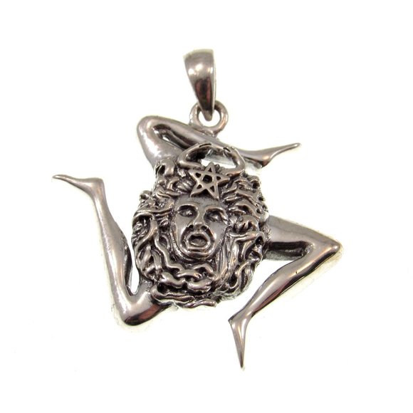 Peter Stone Jewelry - Solid 925 Sterling Silver Medusa / Sicilian Trinacria Pentacle Pendant